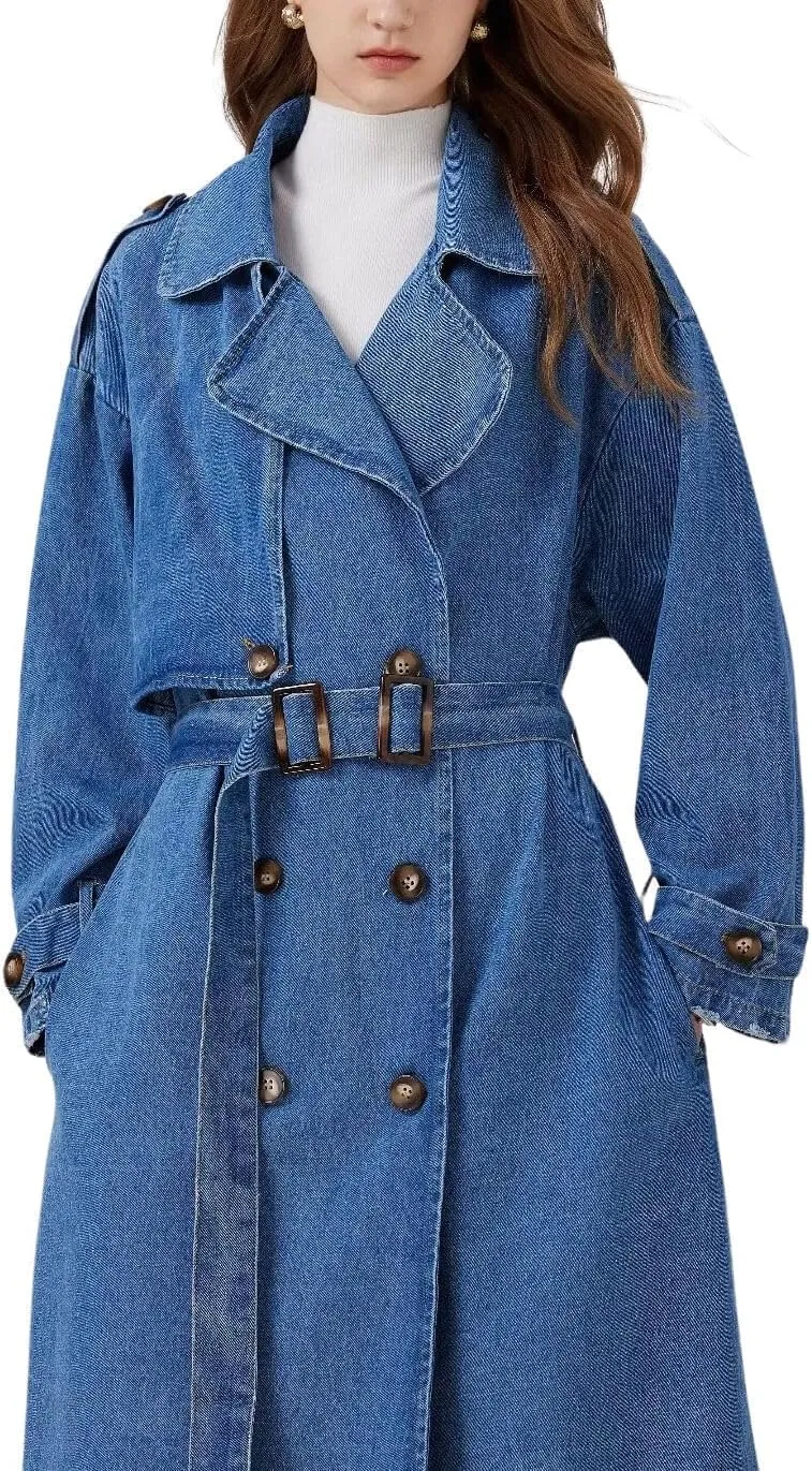 CHARTOU Women's Denim Overcoat Classic Notch Lapel Double Breasted Belted Trench Coat