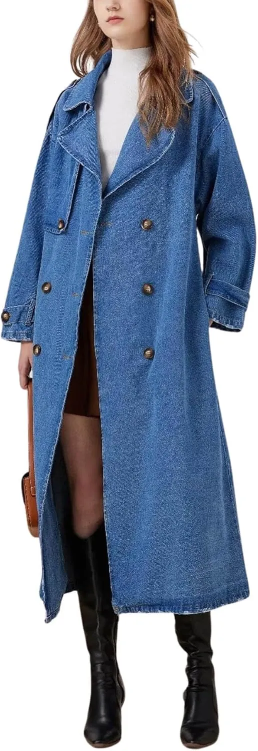 CHARTOU Women's Denim Overcoat Classic Notch Lapel Double Breasted Belted Trench Coat