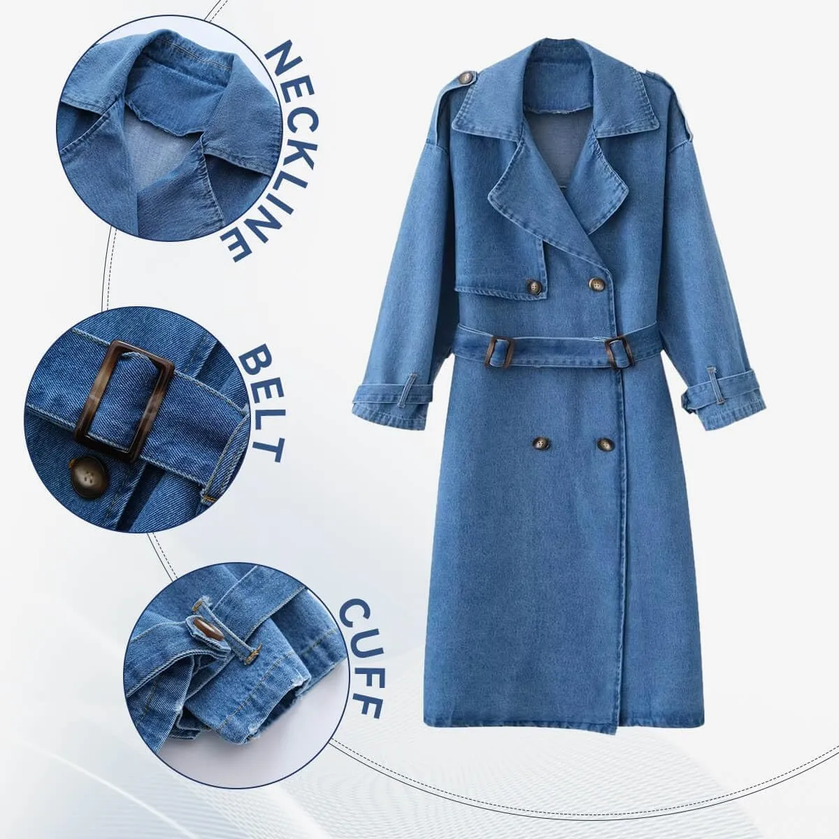 CHARTOU Women's Denim Overcoat Classic Notch Lapel Double Breasted Belted Trench Coat