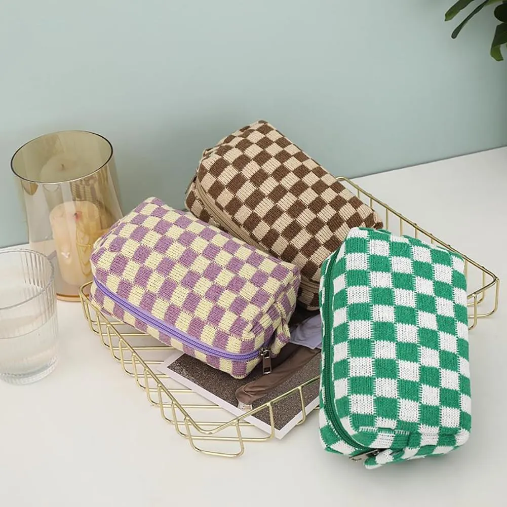 Checkerboard Makeup Bag Travel Toiletry Bag Organizer Makeup Brushes Storage Bag Checkered Pencil Case Portable Plaid Purse