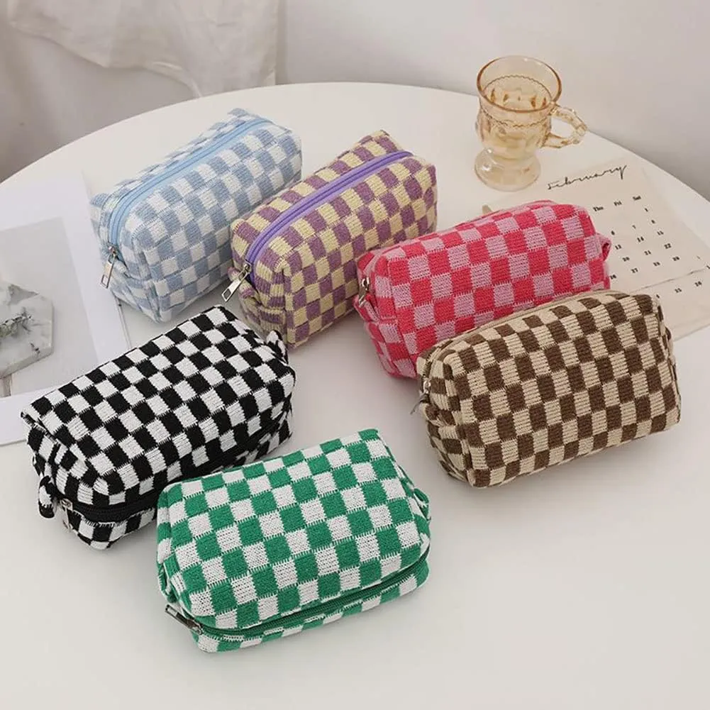 Checkerboard Makeup Bag Travel Toiletry Bag Organizer Makeup Brushes Storage Bag Checkered Pencil Case Portable Plaid Purse