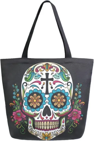 Chic Extra Large Shoulder Grocery Tote Bag, Day of Dead Sugar Skull in Flowers Black Canvas Daily Handle Bag for Gym Yoga Weekender Beach Travel Picnic Kitchen Reusable Market Shopping