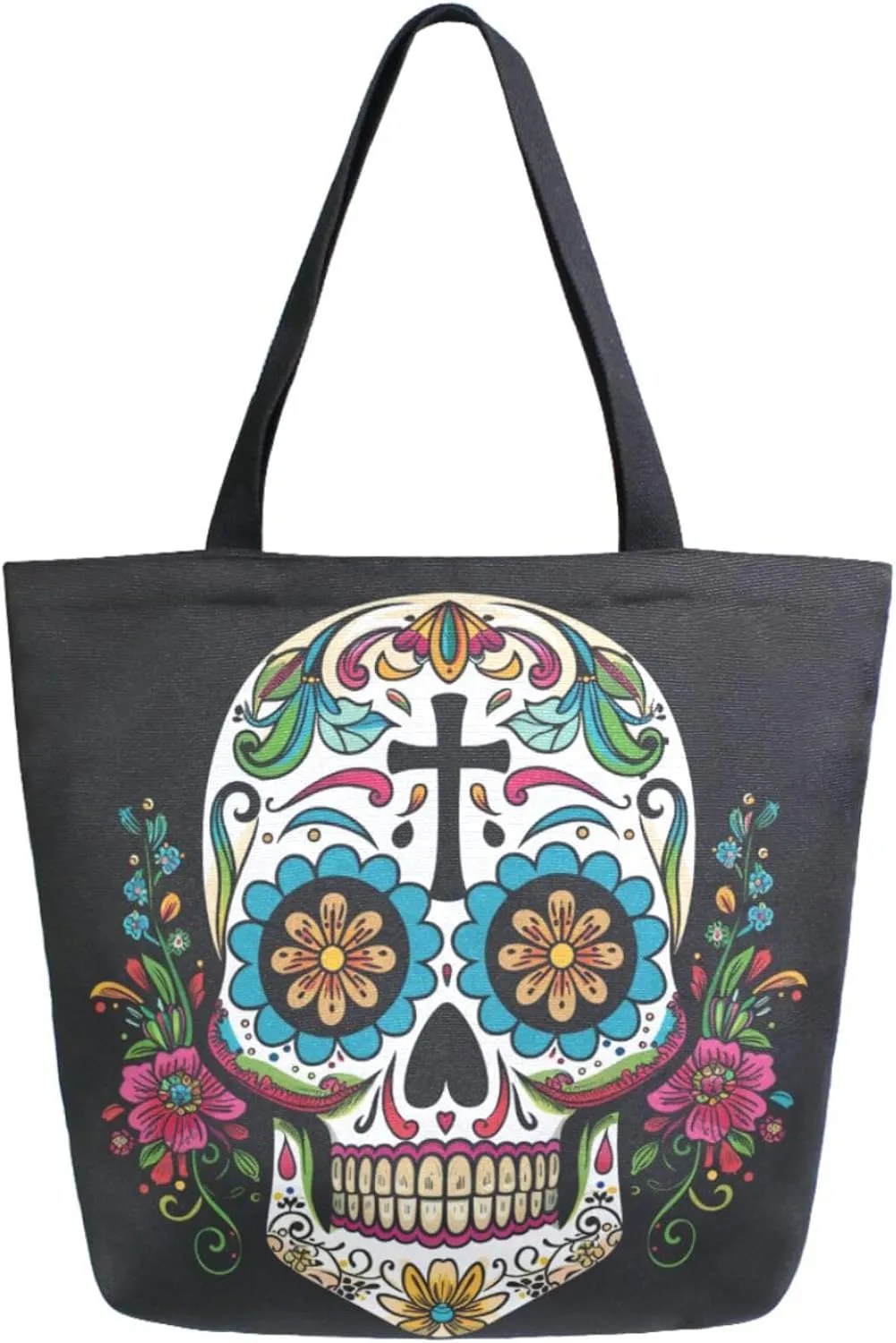 Chic Extra Large Shoulder Grocery Tote Bag, Day of Dead Sugar Skull in Flowers Black Canvas Daily Handle Bag for Gym Yoga Weekender Beach Travel Picnic Kitchen Reusable Market Shopping