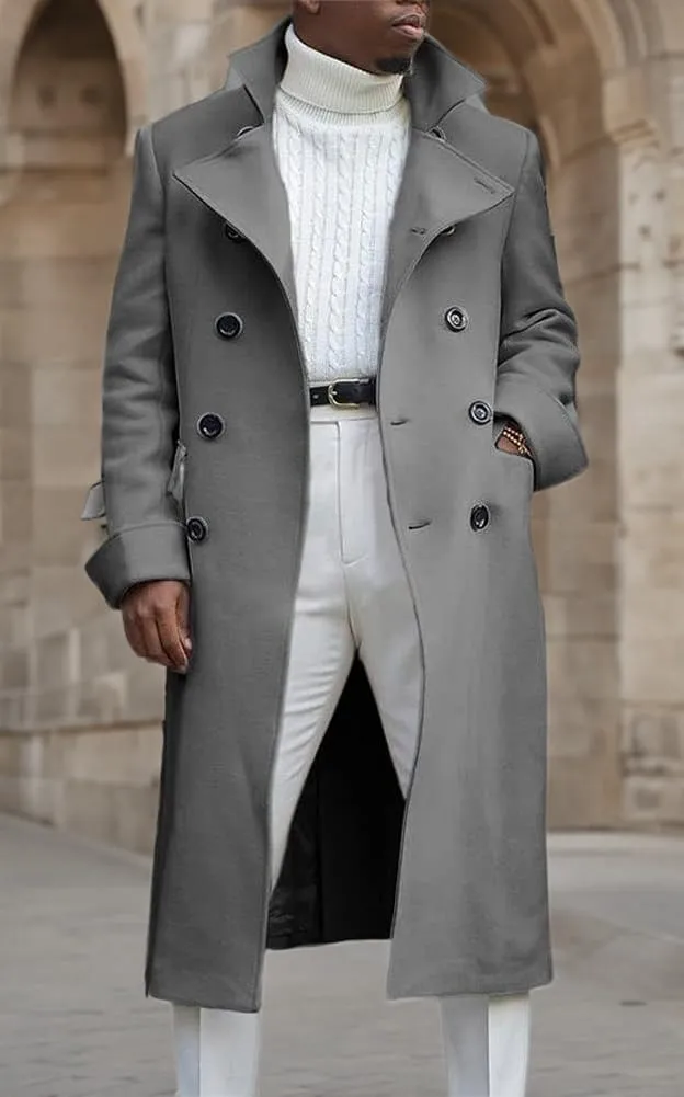 chouyatou Men's British Style Double Breasted Heavyweight Mid Long Wool Pea Coat