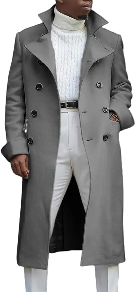 chouyatou Men's British Style Double Breasted Heavyweight Mid Long Wool Pea Coat