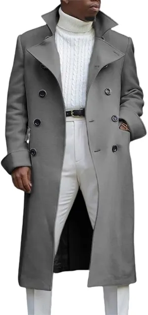 chouyatou Men's British Style Double Breasted Heavyweight Mid Long Wool Pea Coat