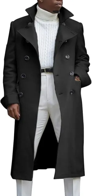 chouyatou Men's British Style Double Breasted Heavyweight Mid Long Wool Pea Coat