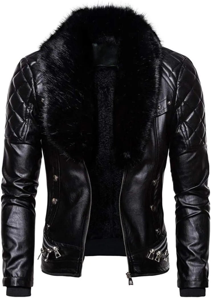 chouyatou Men's Removable Fur Collar Sherpa Lined Steampunk Faux Leather Jacket