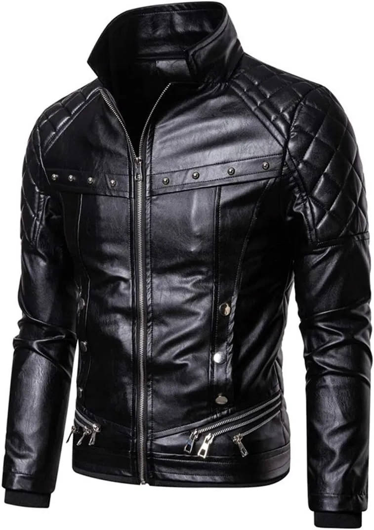 chouyatou Men's Removable Fur Collar Sherpa Lined Steampunk Faux Leather Jacket