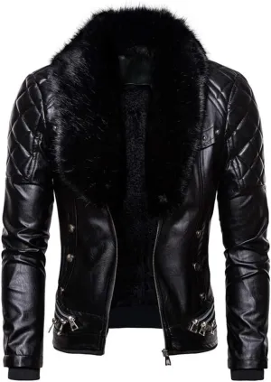 chouyatou Men's Removable Fur Collar Sherpa Lined Steampunk Faux Leather Jacket