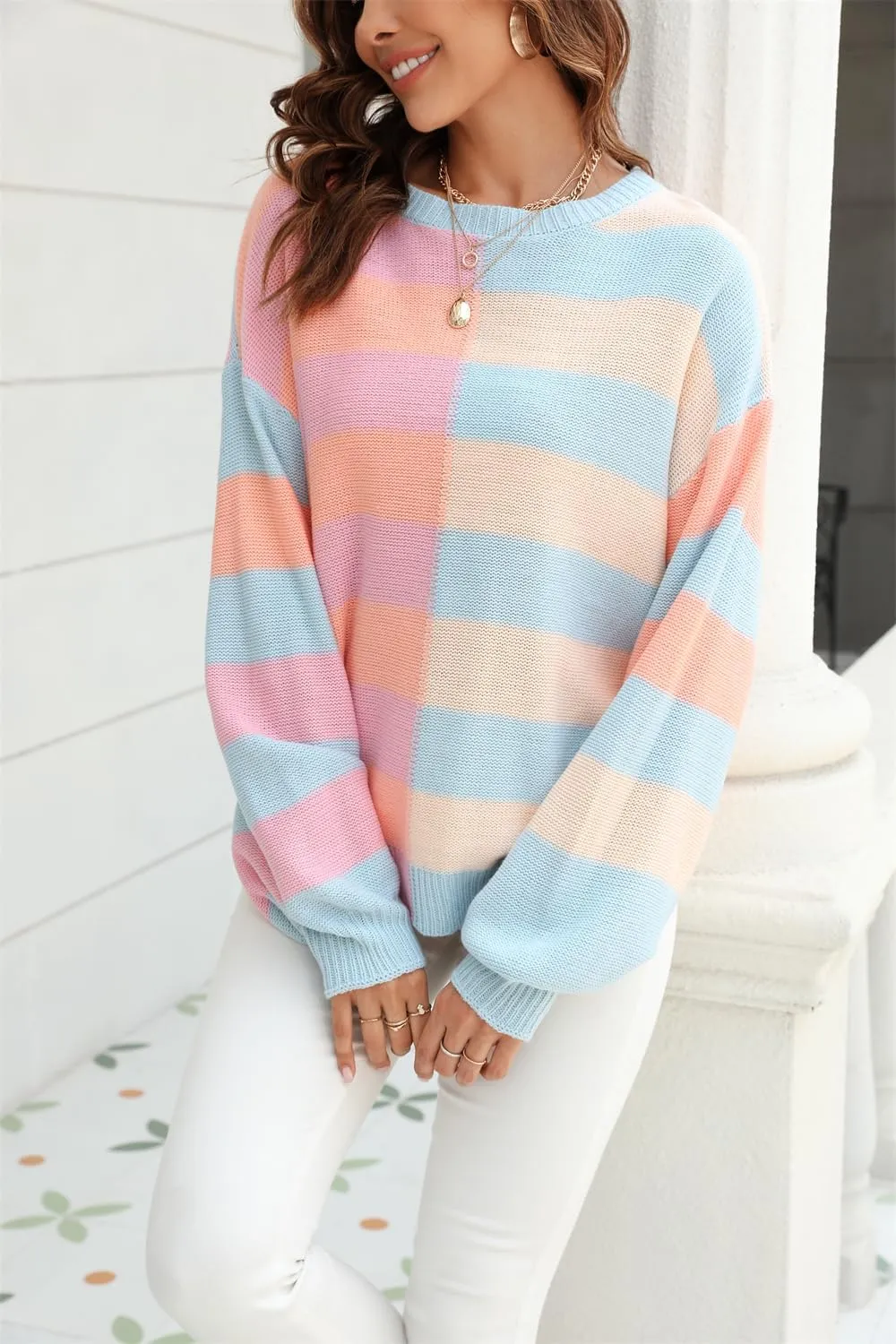 chouyatou Women's Casual Crew Neck Color Block Striped Patchwork Knitted Pullover Sweater Tops