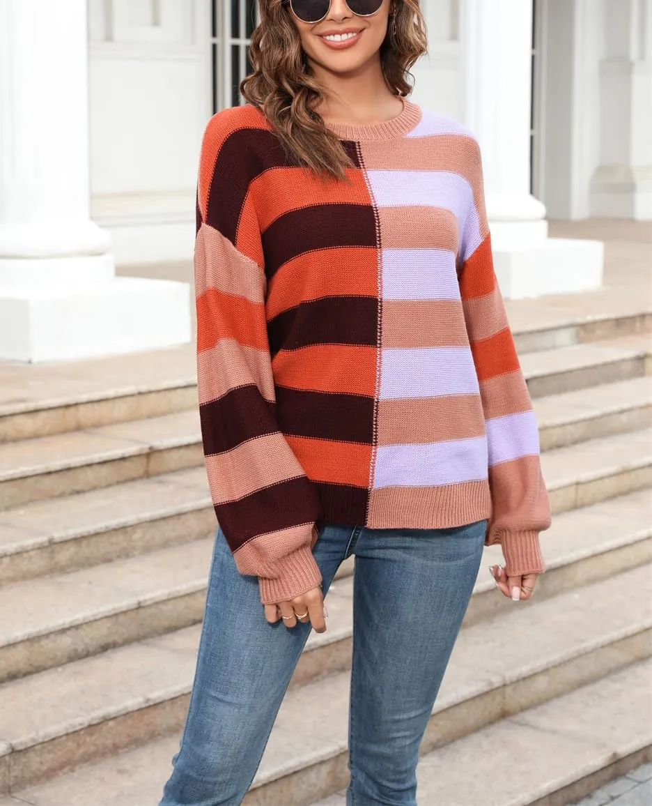 chouyatou Women's Casual Crew Neck Color Block Striped Patchwork Knitted Pullover Sweater Tops