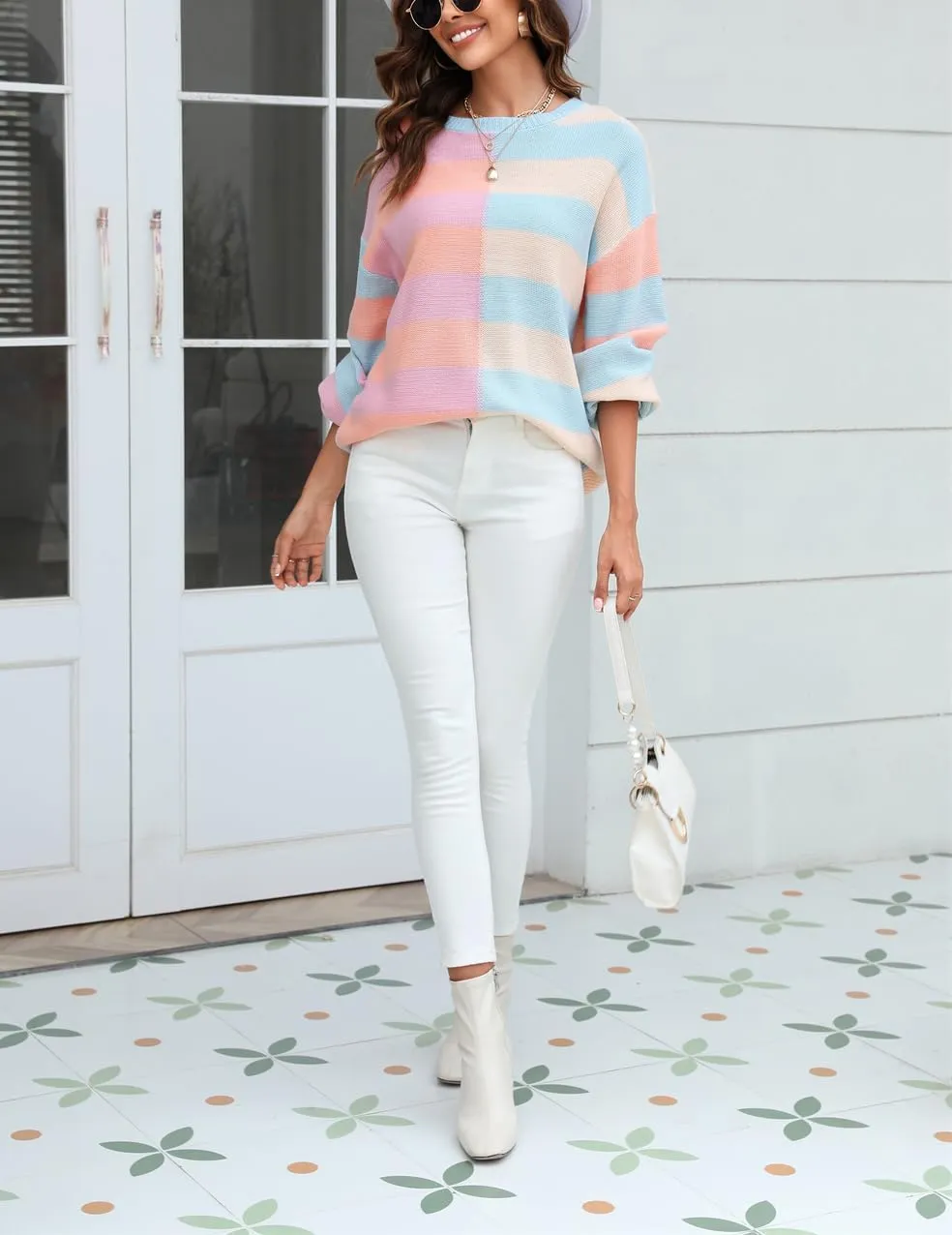 chouyatou Women's Casual Crew Neck Color Block Striped Patchwork Knitted Pullover Sweater Tops
