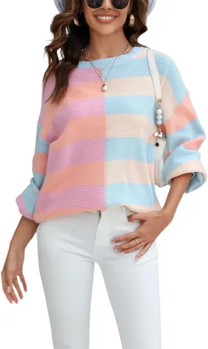 chouyatou Women's Casual Crew Neck Color Block Striped Patchwork Knitted Pullover Sweater Tops