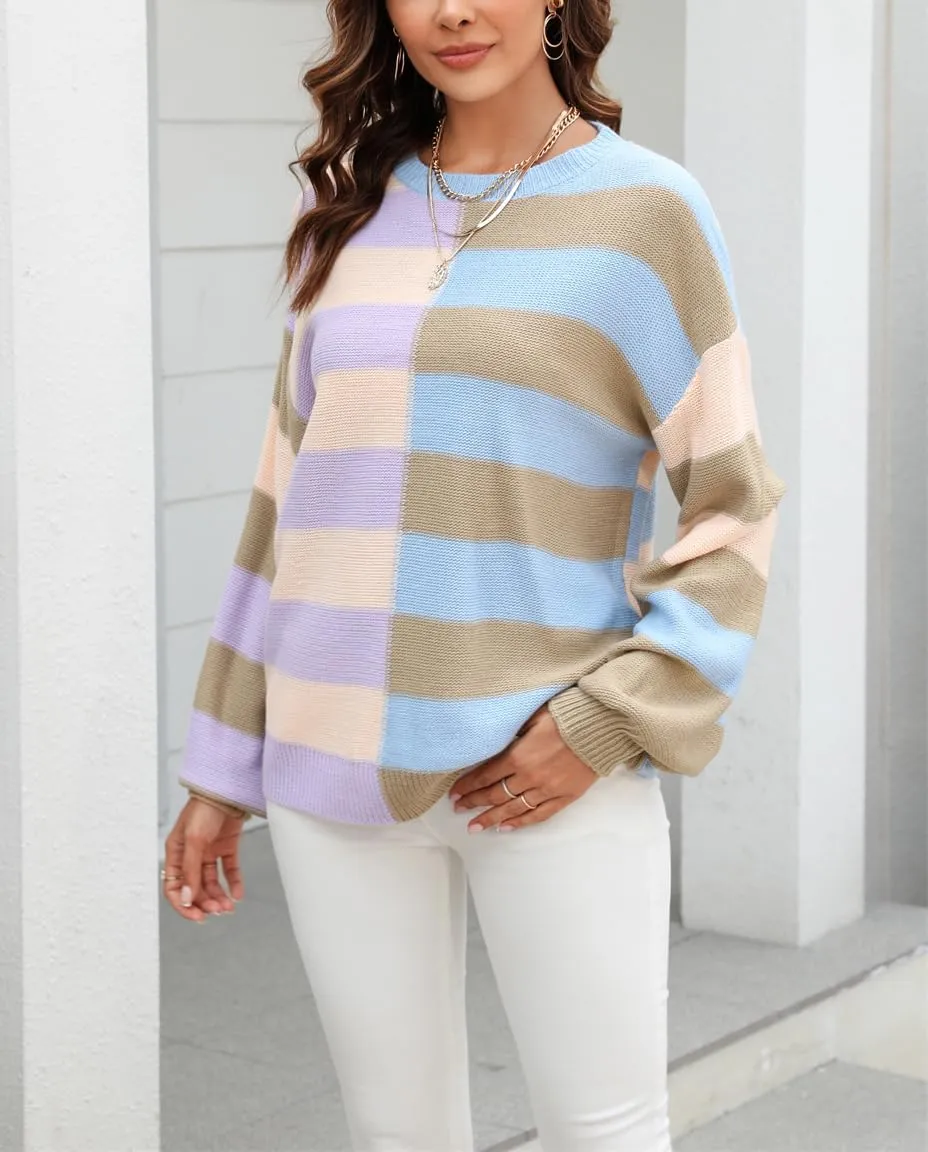 chouyatou Women's Casual Crew Neck Color Block Striped Patchwork Knitted Pullover Sweater Tops