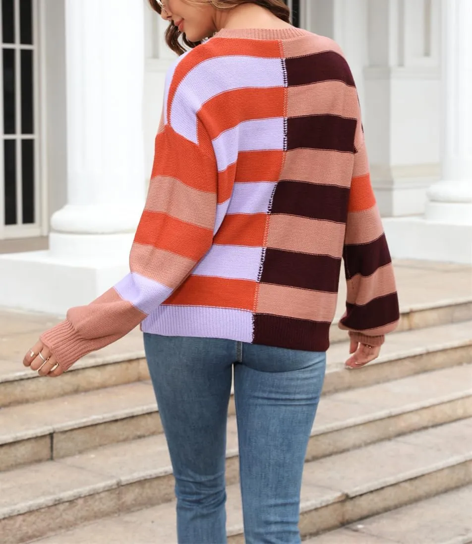 chouyatou Women's Casual Crew Neck Color Block Striped Patchwork Knitted Pullover Sweater Tops