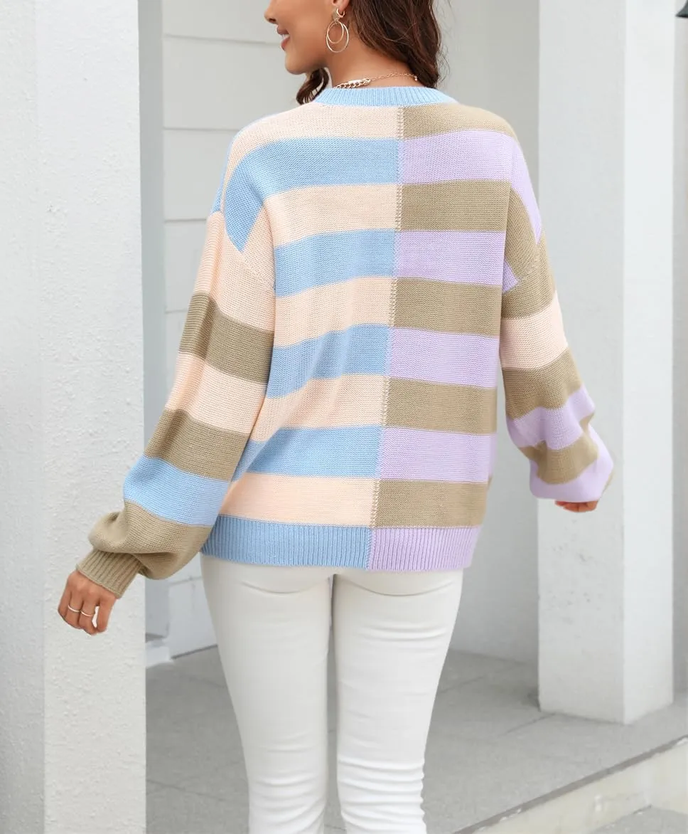 chouyatou Women's Casual Crew Neck Color Block Striped Patchwork Knitted Pullover Sweater Tops