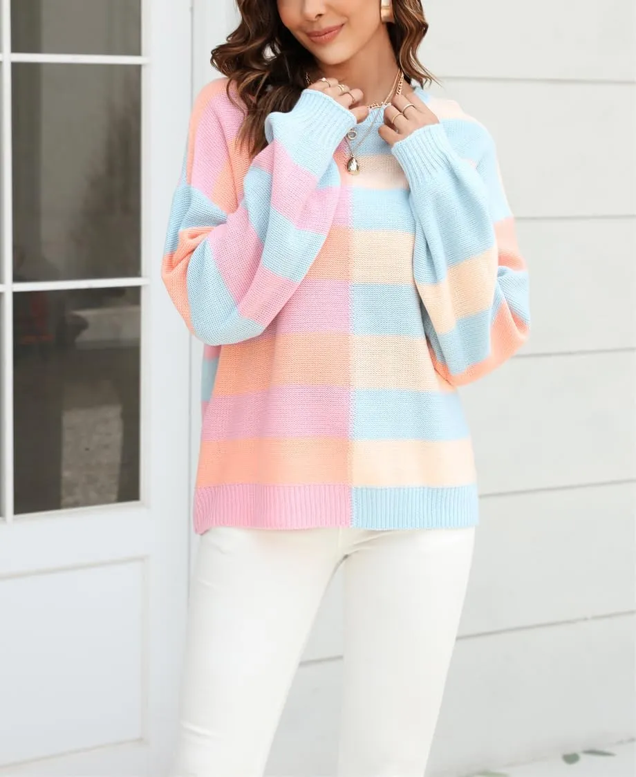 chouyatou Women's Casual Crew Neck Color Block Striped Patchwork Knitted Pullover Sweater Tops