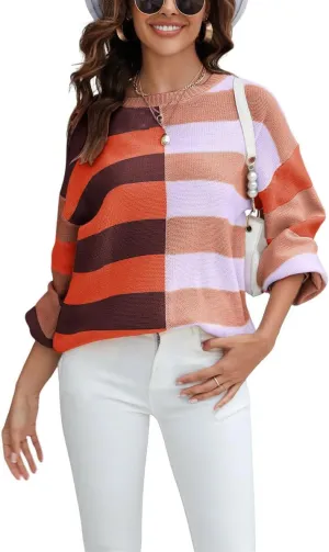 chouyatou Women's Casual Crew Neck Color Block Striped Patchwork Knitted Pullover Sweater Tops