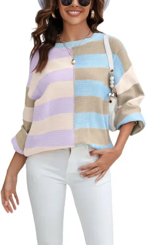 chouyatou Women's Casual Crew Neck Color Block Striped Patchwork Knitted Pullover Sweater Tops