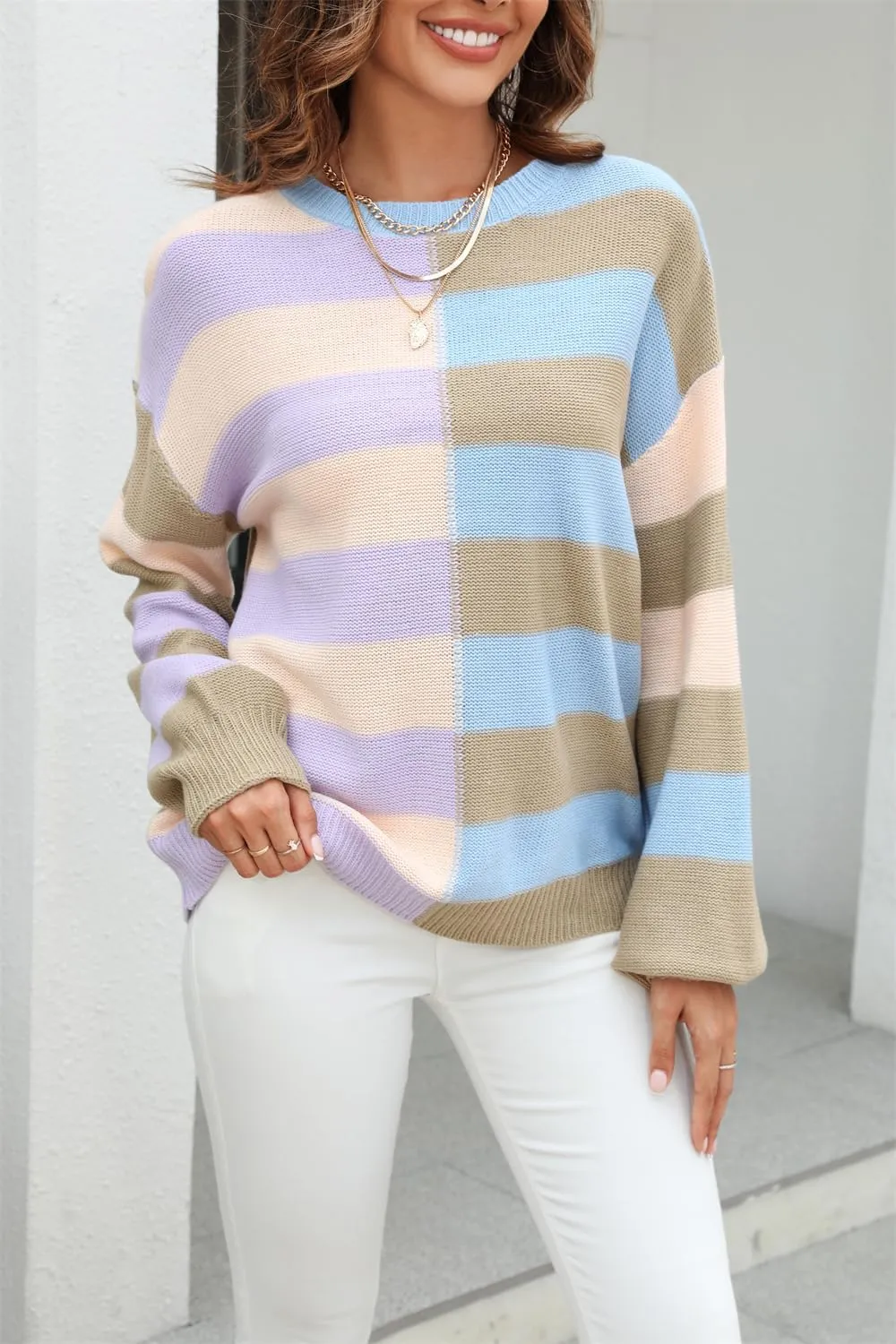 chouyatou Women's Casual Crew Neck Color Block Striped Patchwork Knitted Pullover Sweater Tops