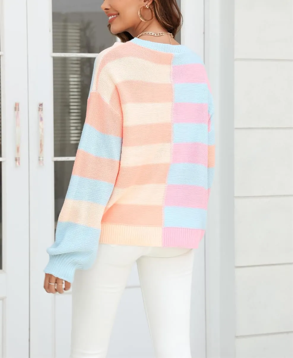 chouyatou Women's Casual Crew Neck Color Block Striped Patchwork Knitted Pullover Sweater Tops