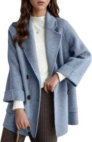 chouyatou Women's Casual Notch Lapel Double Breasted Warm Shacket Jacket Wool Coat