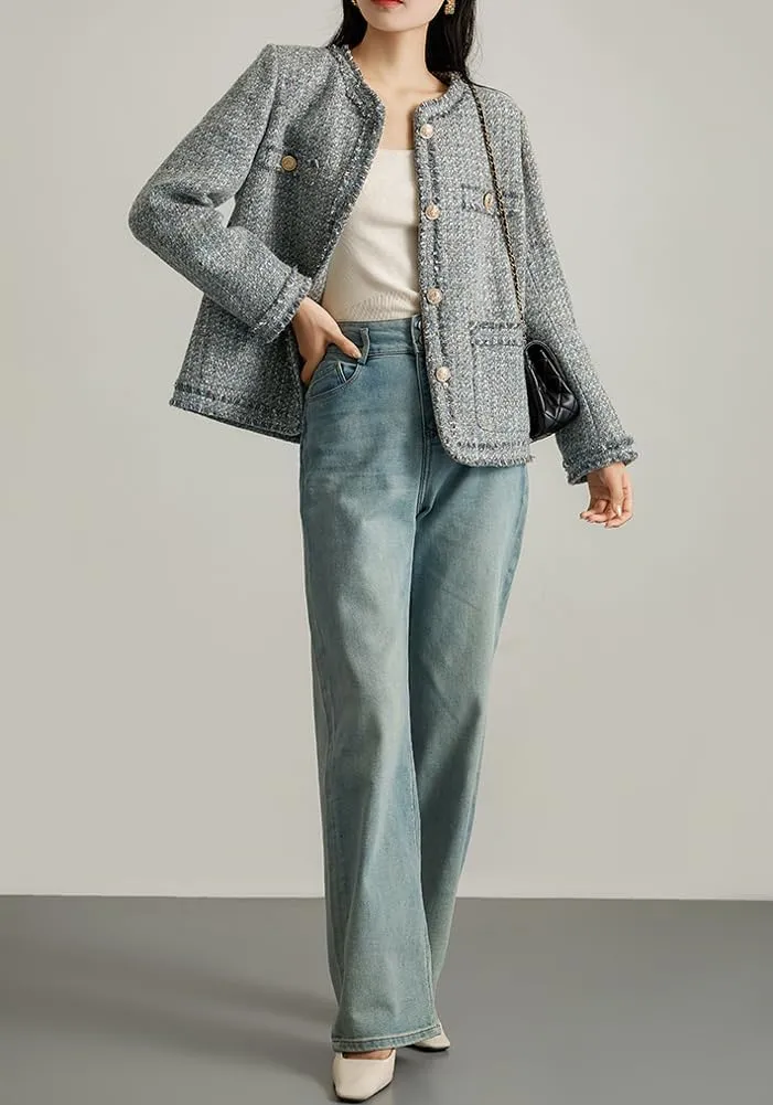 chouyatou Women's Elegant Houndstooth Tweed Jacket Button Down Fringed Tassel Blazer Jacket Coat