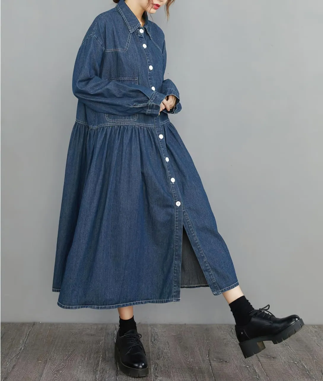 chouyatou Womens Fall Winter A-Line Long Denim Trench Coat Loose Casual Button Down Maxi Jean Shirt Dress