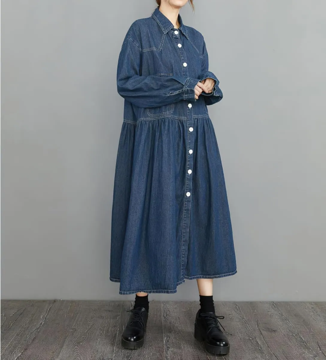 chouyatou Womens Fall Winter A-Line Long Denim Trench Coat Loose Casual Button Down Maxi Jean Shirt Dress