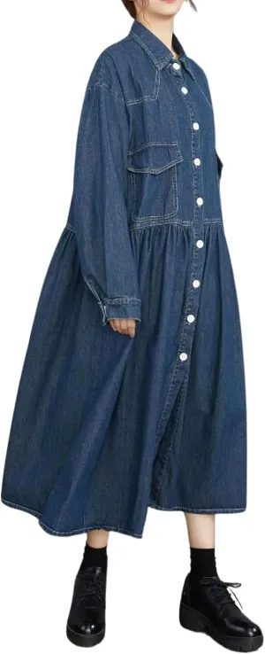 chouyatou Womens Fall Winter A-Line Long Denim Trench Coat Loose Casual Button Down Maxi Jean Shirt Dress