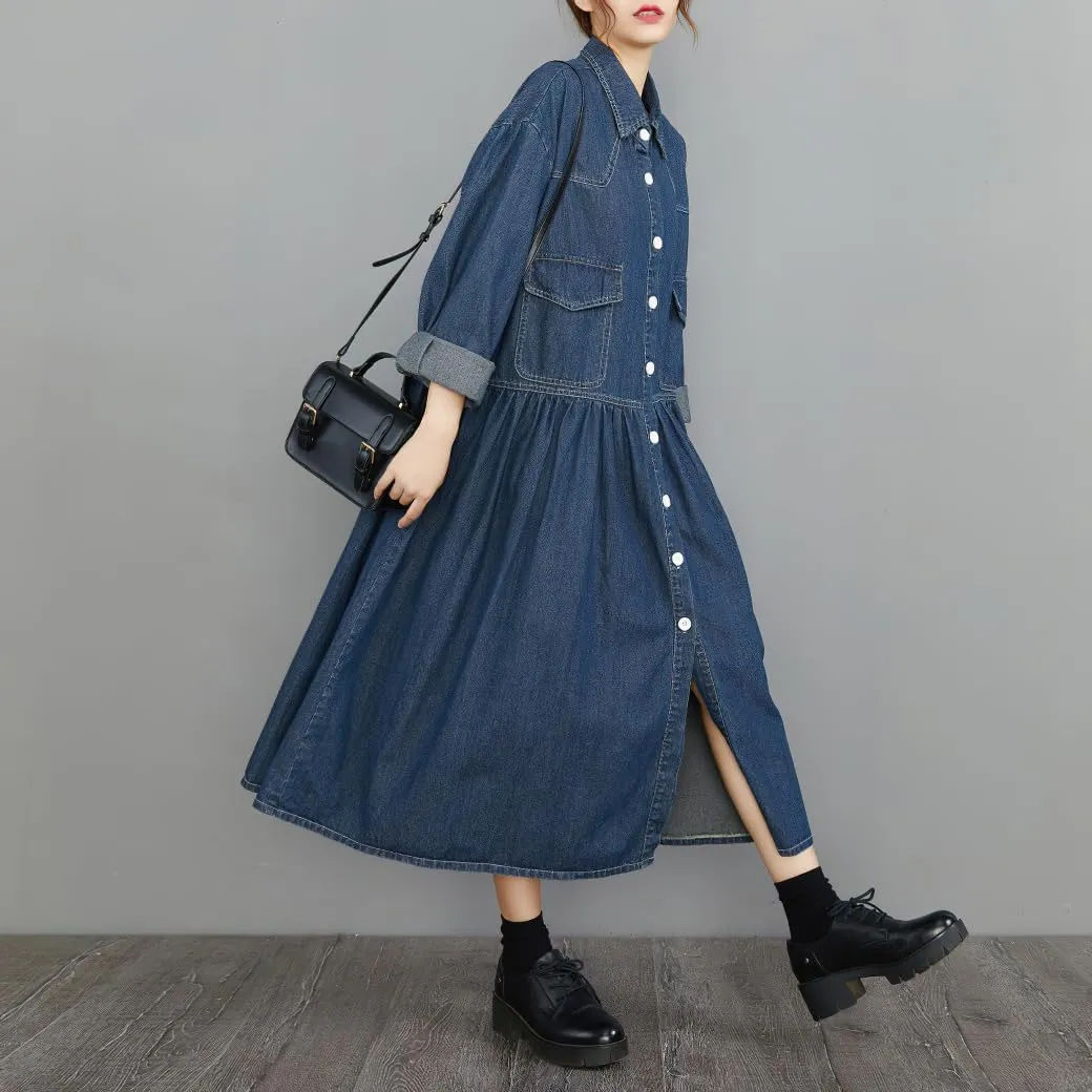 chouyatou Womens Fall Winter A-Line Long Denim Trench Coat Loose Casual Button Down Maxi Jean Shirt Dress