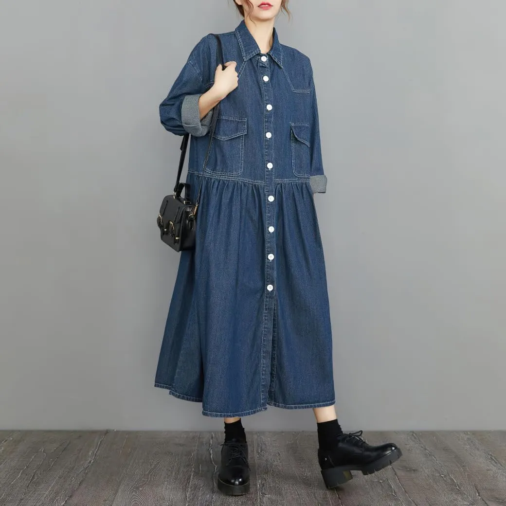 chouyatou Womens Fall Winter A-Line Long Denim Trench Coat Loose Casual Button Down Maxi Jean Shirt Dress