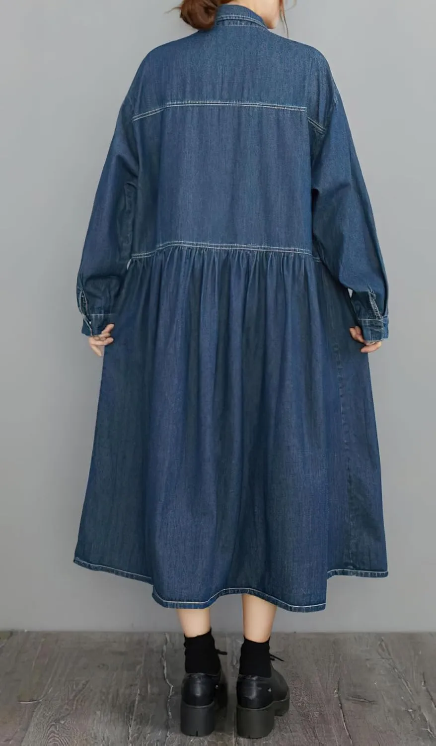 chouyatou Womens Fall Winter A-Line Long Denim Trench Coat Loose Casual Button Down Maxi Jean Shirt Dress