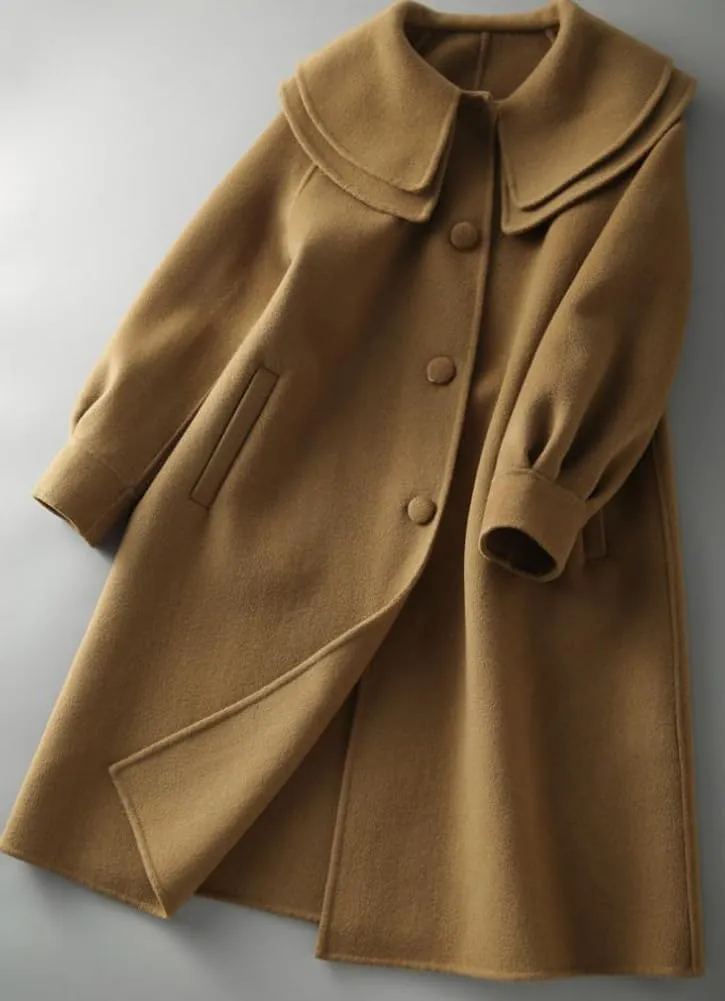 chouyatou Women's Peter Pan Collar Wool Coat Single Breasted Winter Midi Long Trench Pea Coat
