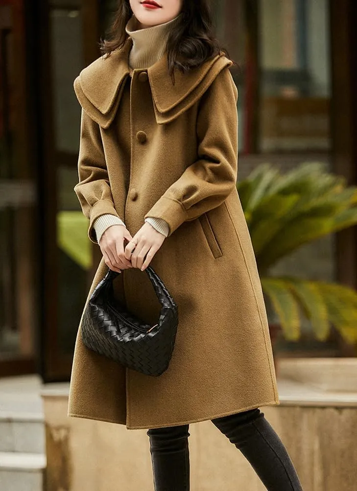 chouyatou Women's Peter Pan Collar Wool Coat Single Breasted Winter Midi Long Trench Pea Coat