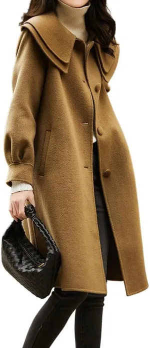chouyatou Women's Peter Pan Collar Wool Coat Single Breasted Winter Midi Long Trench Pea Coat