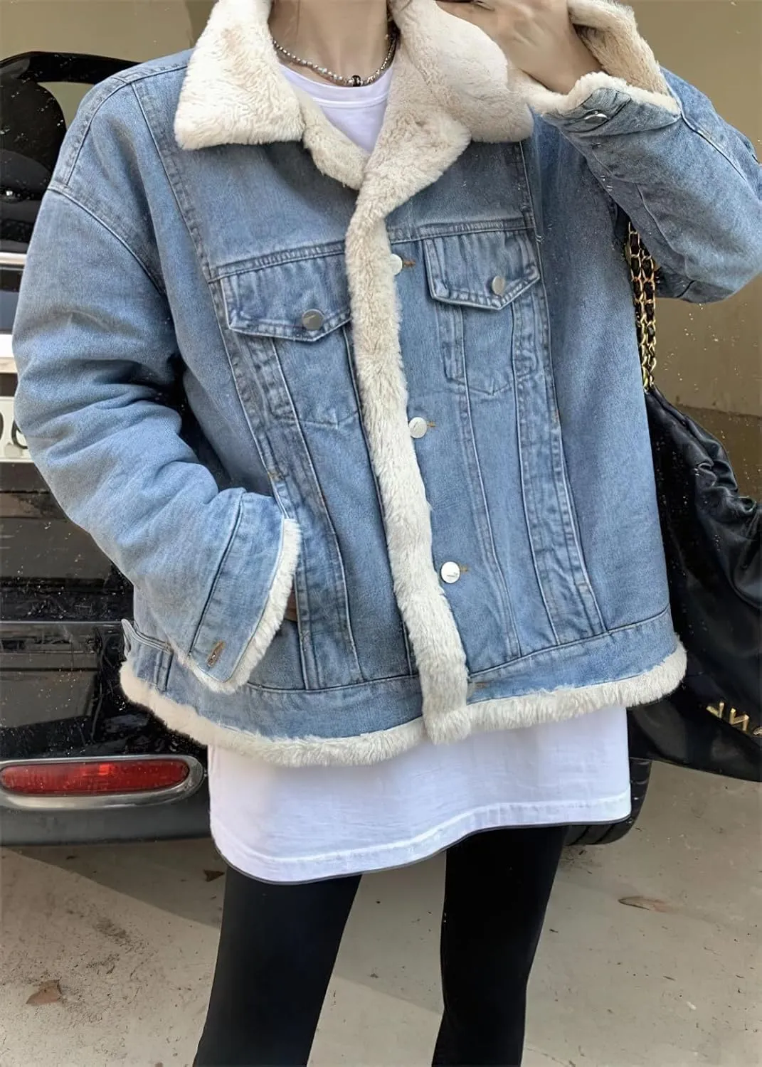 chouyatou Women's Reversible Warm Sherpa Notched Collar Jean Jacket Faux Fur Denim Coat Trucker Jacket