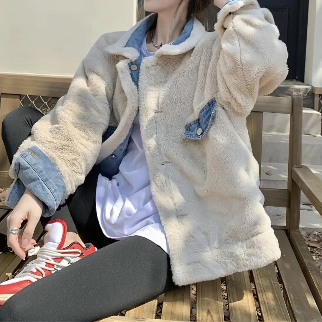 chouyatou Women's Reversible Warm Sherpa Notched Collar Jean Jacket Faux Fur Denim Coat Trucker Jacket