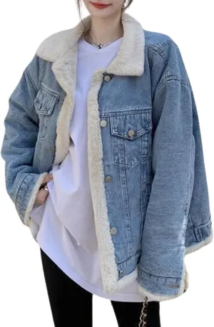 chouyatou Women's Reversible Warm Sherpa Notched Collar Jean Jacket Faux Fur Denim Coat Trucker Jacket