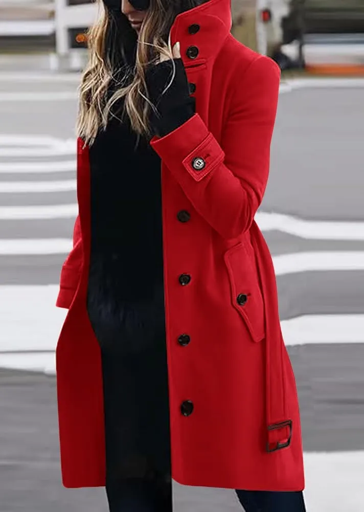 chouyatou Women's Single Breasted Stand Collar Wool Coat Business Casual Midi Long Winter Pea Coat