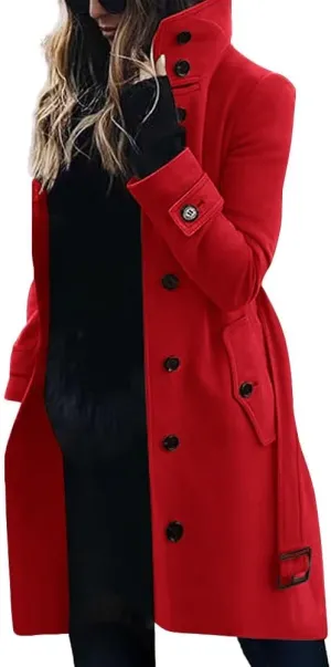 chouyatou Women's Single Breasted Stand Collar Wool Coat Business Casual Midi Long Winter Pea Coat
