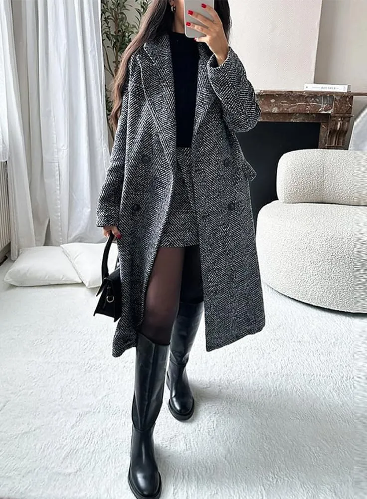 chouyatou Women's Winter Casual Herringbone Wool Coat Double Breasted Notch Collar Dressy Long Trench Coat
