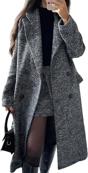 chouyatou Women's Winter Casual Herringbone Wool Coat Double Breasted Notch Collar Dressy Long Trench Coat