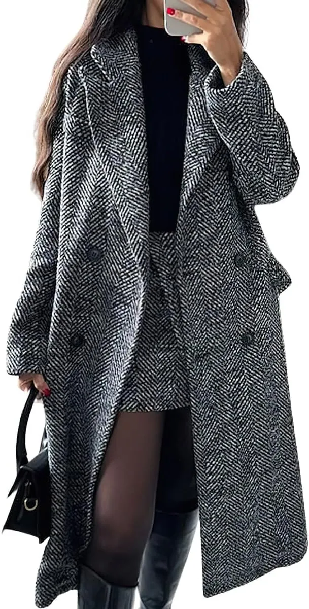 chouyatou Women's Winter Casual Herringbone Wool Coat Double Breasted Notch Collar Dressy Long Trench Coat