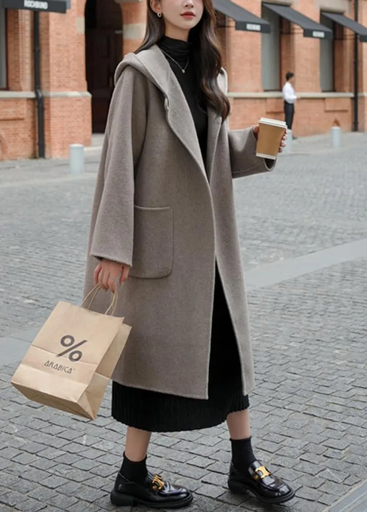 chouyatou Women's Winter Open Front Wool Coat Causal Hooded Mid Long Trench Coat Overcoat with Pockets