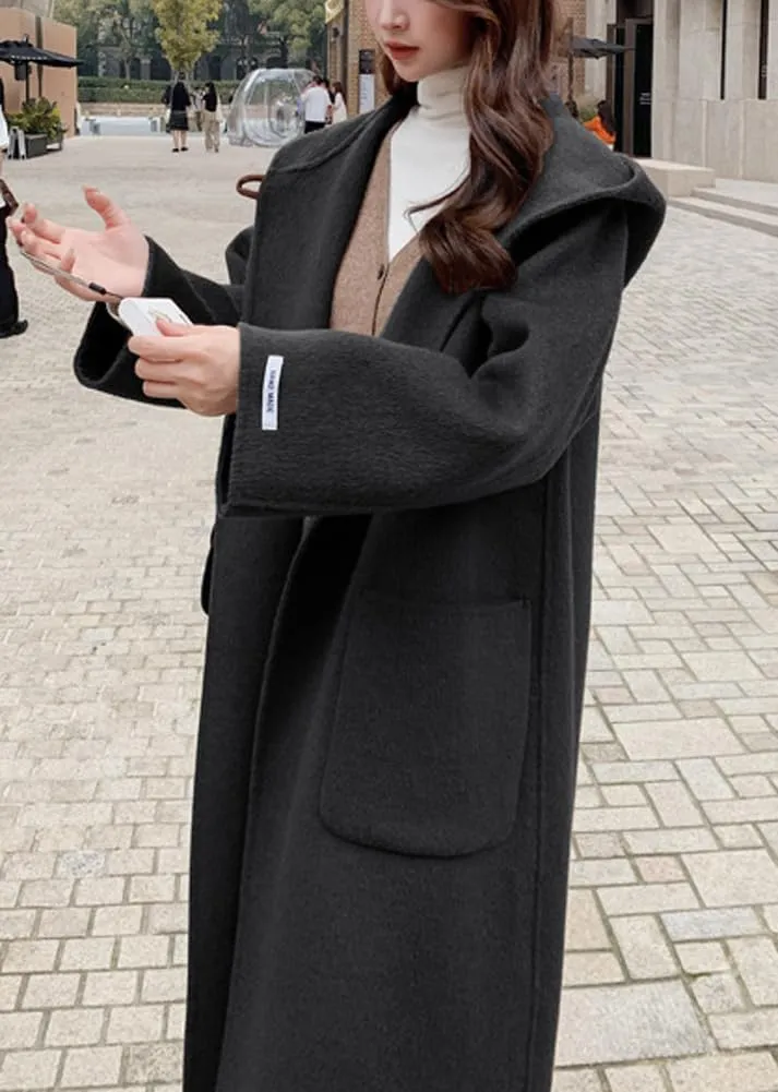 chouyatou Women's Winter Open Front Wool Coat Causal Hooded Mid Long Trench Coat Overcoat with Pockets