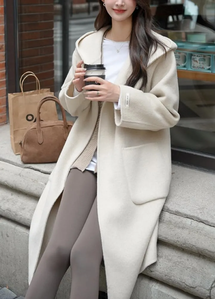 chouyatou Women's Winter Open Front Wool Coat Causal Hooded Mid Long Trench Coat Overcoat with Pockets