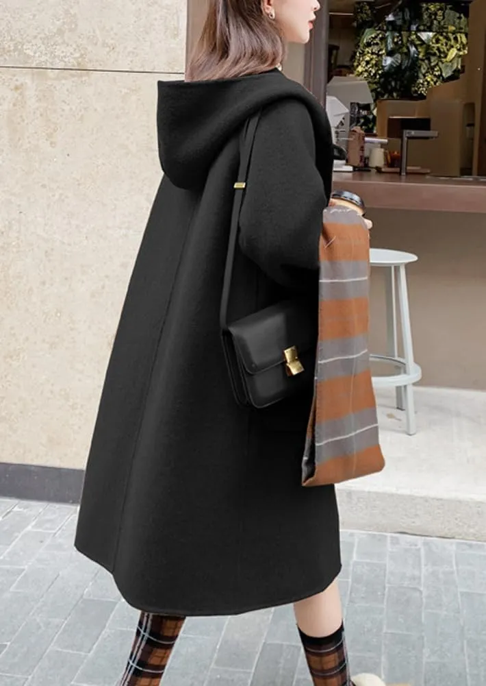 chouyatou Women's Winter Open Front Wool Coat Causal Hooded Mid Long Trench Coat Overcoat with Pockets