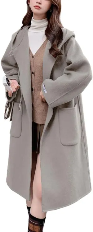 chouyatou Women's Winter Open Front Wool Coat Causal Hooded Mid Long Trench Coat Overcoat with Pockets